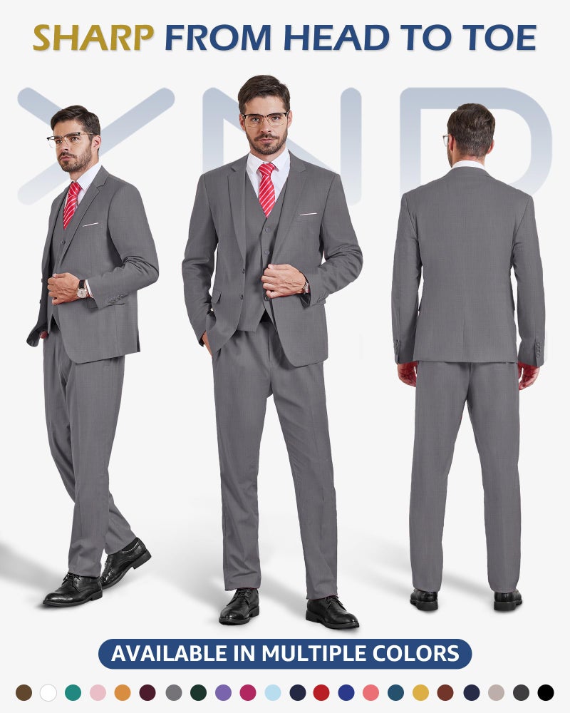 YND Men's 3 Piece Suit Set with Tie, 2 Button Slim Fit Solid Blazer Jacket Vest Pants, Business Wedding Party Suits for Men, Light Grey - Image 2
